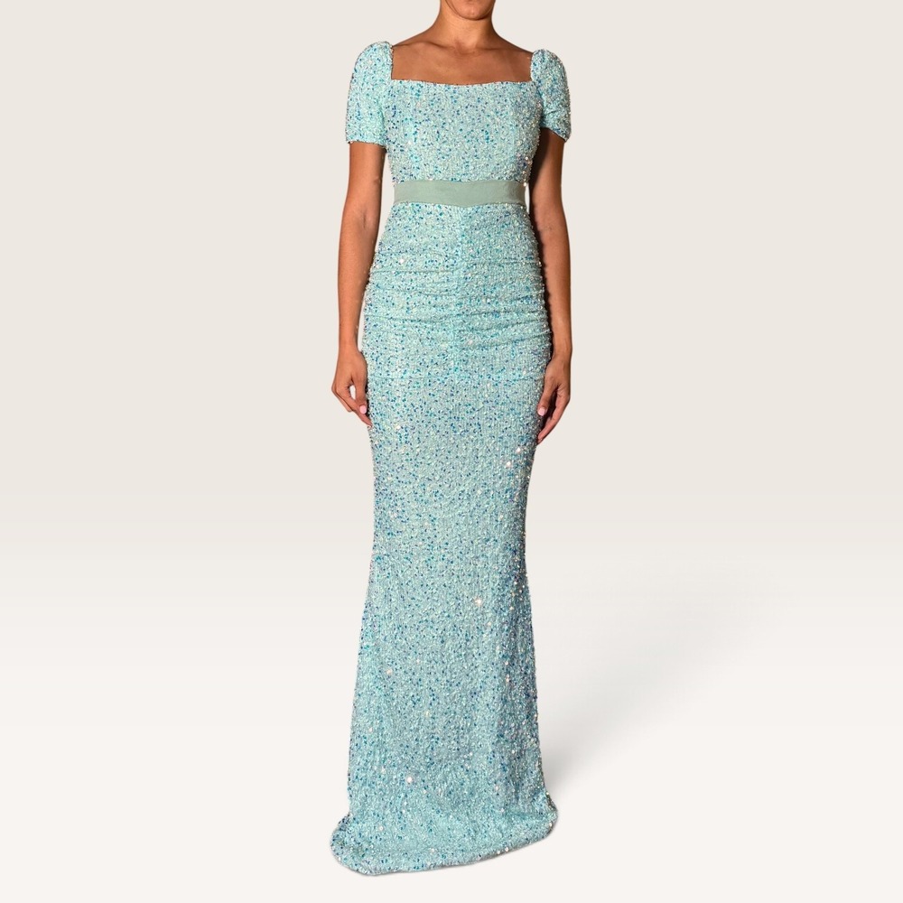 Miss Ord Sequin Square Neck Mermaid Maxi Gown Teal Small Formal Princess NWT
